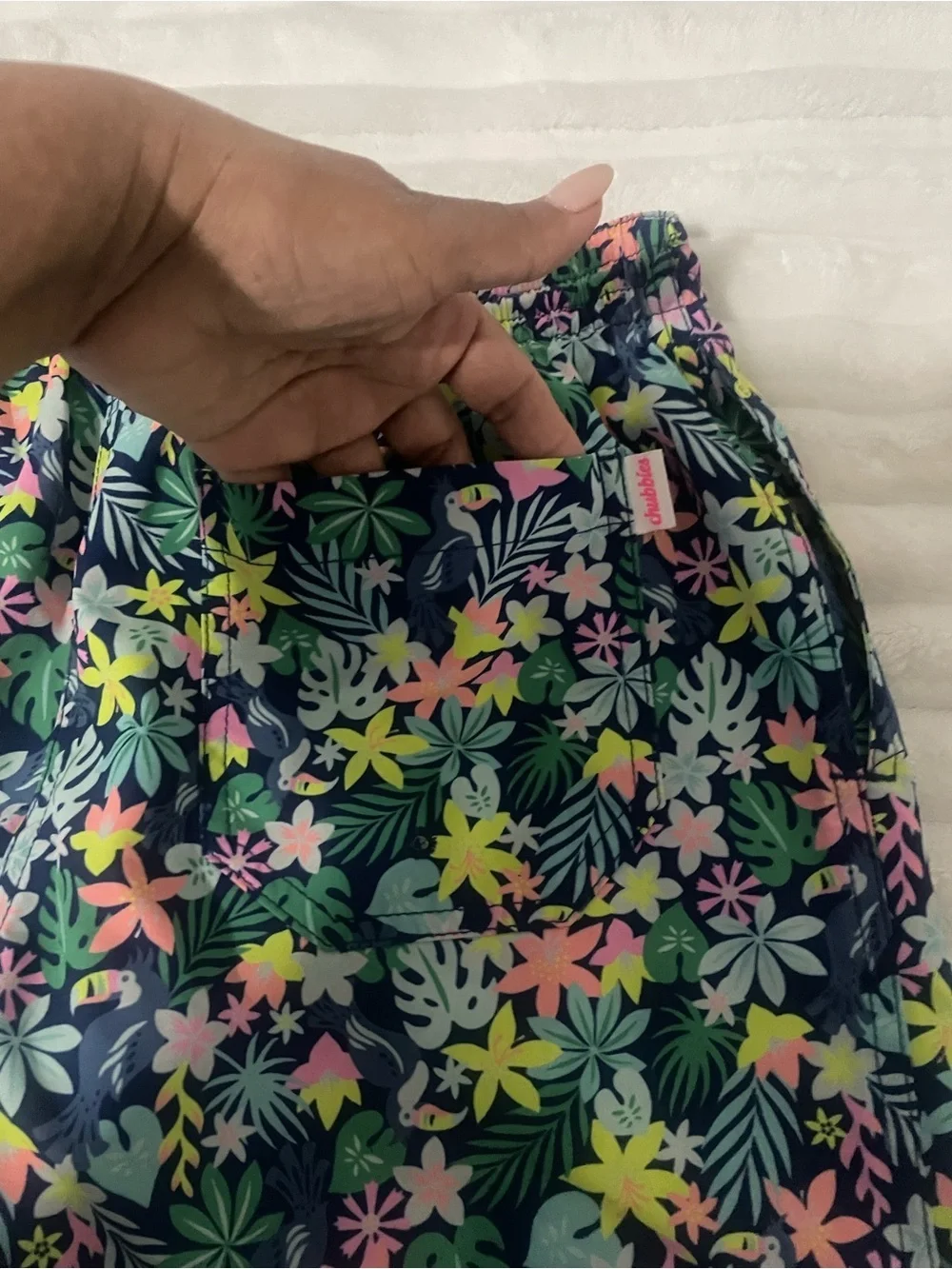 chubbies Black Tropical Floral Swim Trunks with Multicolor Print